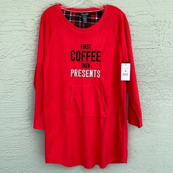 Rene Rofe Sleepwear NWT Sz M Red Fleece Nightshirt With Kangaroo Pocket - Picture 3 of 12